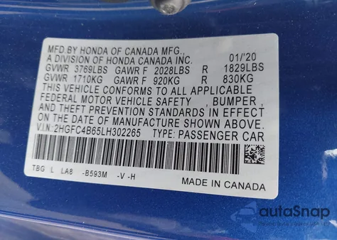 2020 Honda Civic Lx z USA, uszkodzony, nr VIN 2HGFC4B65LH302265